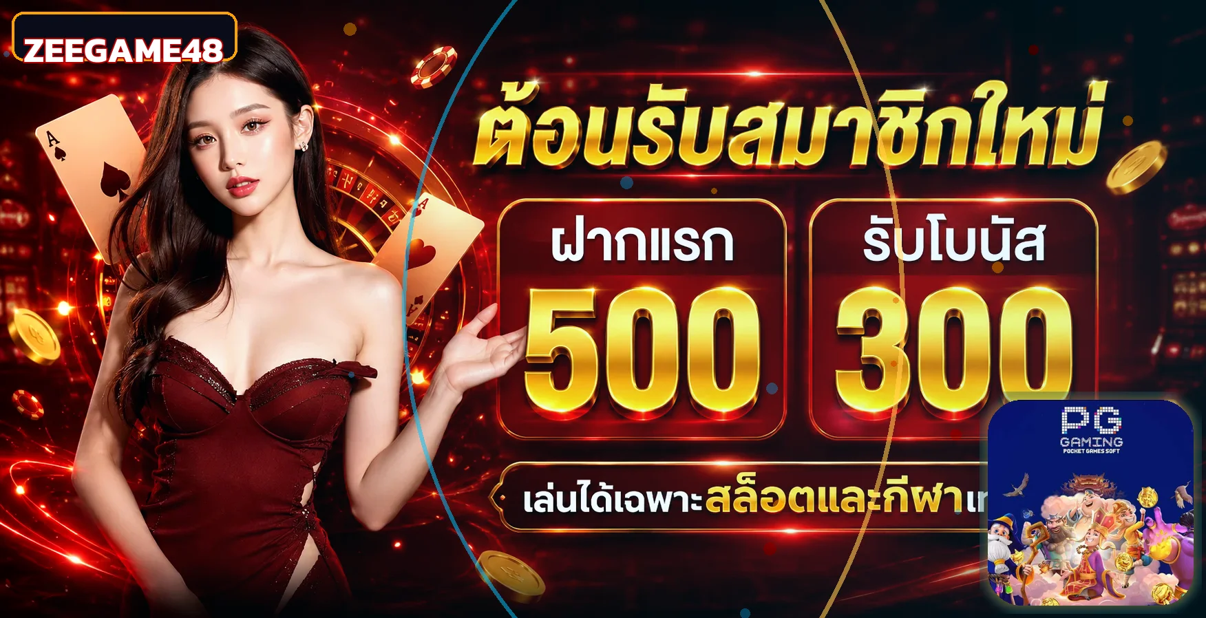 ภาพแนะนำทางเข้า ZEEGAME48 และหมวดเกม PG Soft